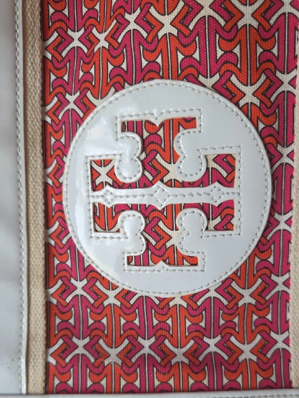Tory Burch Coral Patterned Canvas Tote with White Trim